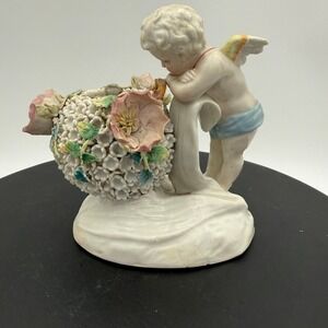 Antique Porcelain Cherub Figurine Encrusted Flower Basket Cupid***Please Read***